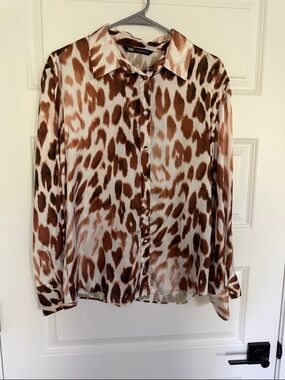 Zara Cream & Brown Animal-Print Satin Button-Up